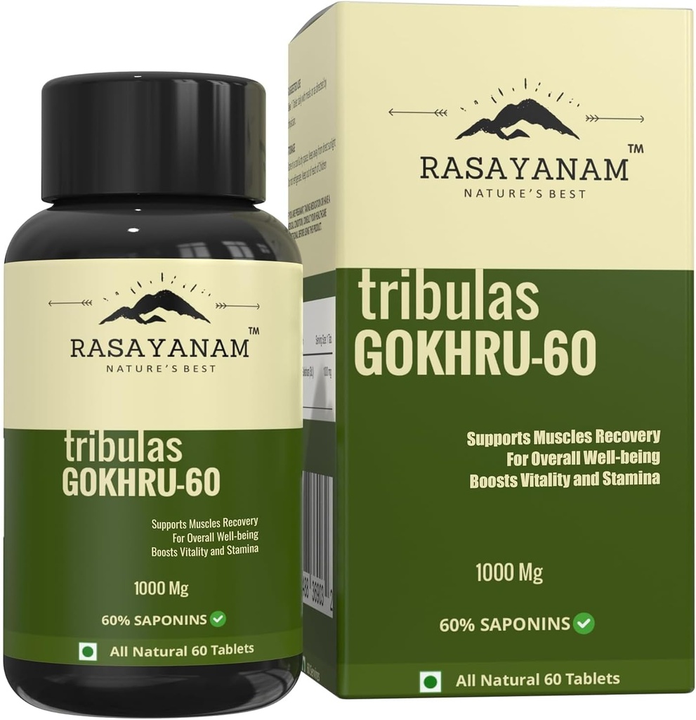 Generiska Tribulas Gokhru-60 Gokshura tabletter 1000mg | Ultra High Concentrated 60% Saponins | Förbättrar Vigour | Tribulus Terrestris | för både män och kvinnor (60 tabletter) (1)