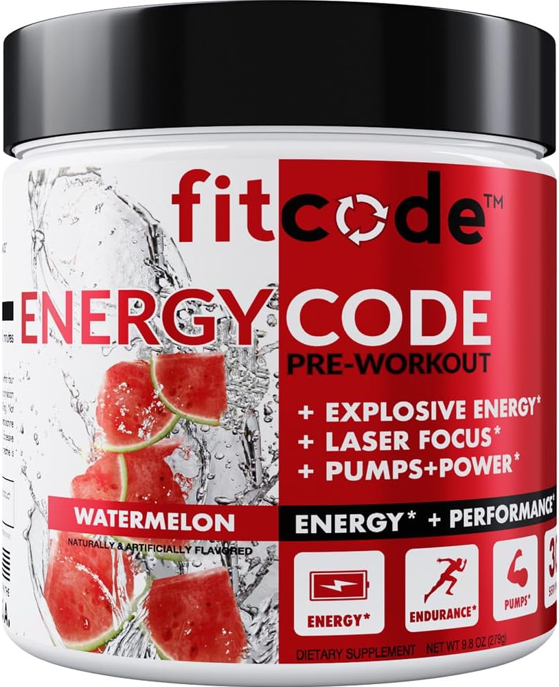 fitcode EnergyCode - Pre Workout with Creatine Powder - Energy & Performance Drink - Muscle Strength & Endurance Supplement - Innehåller koffein - 30 portioner - Vattenmelon