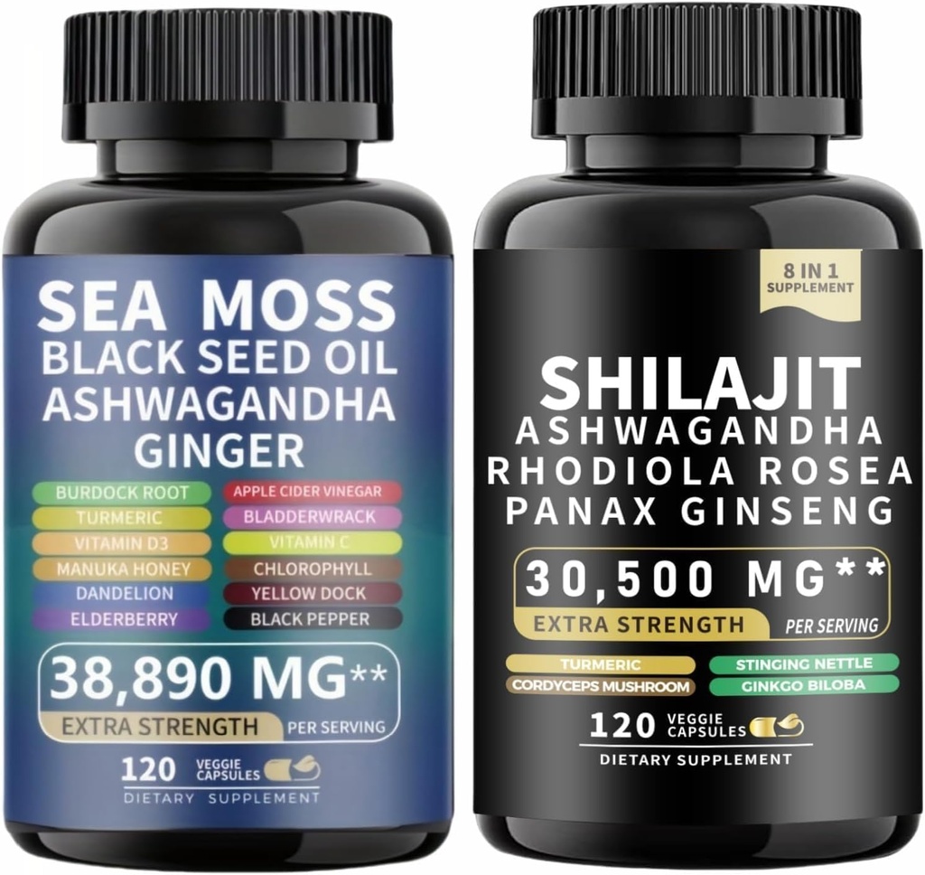 Sea Moss och shilajit Sea Moss Black Seed Oil Ashwagandha Ginger & Shilajit rhodiola rosea panax Ginseng (120 greve av 2)
