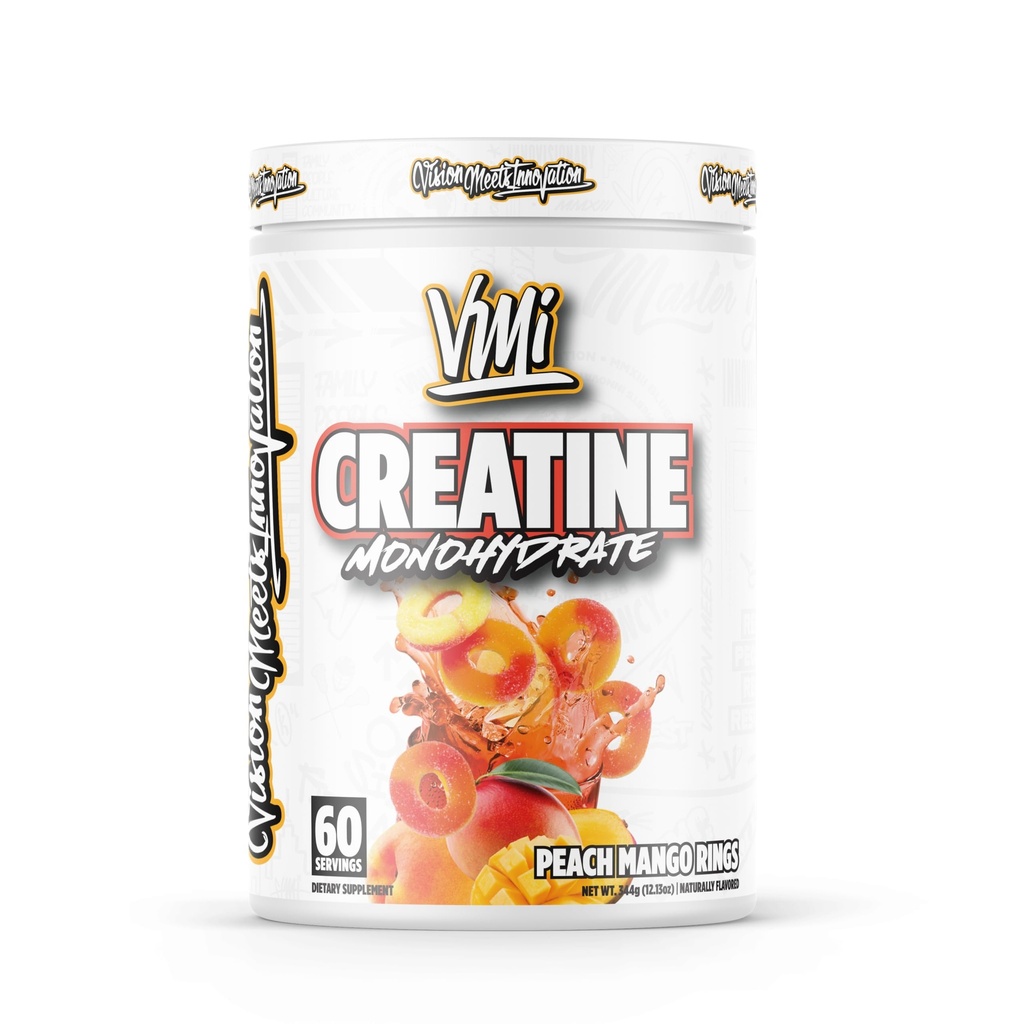 VMI Sports Creatine Monohydrate Powder Muscle Mass - Styrka - Storlek - Kraft | 5 Gram per portion (60 portioner, Peach Mango Rings)