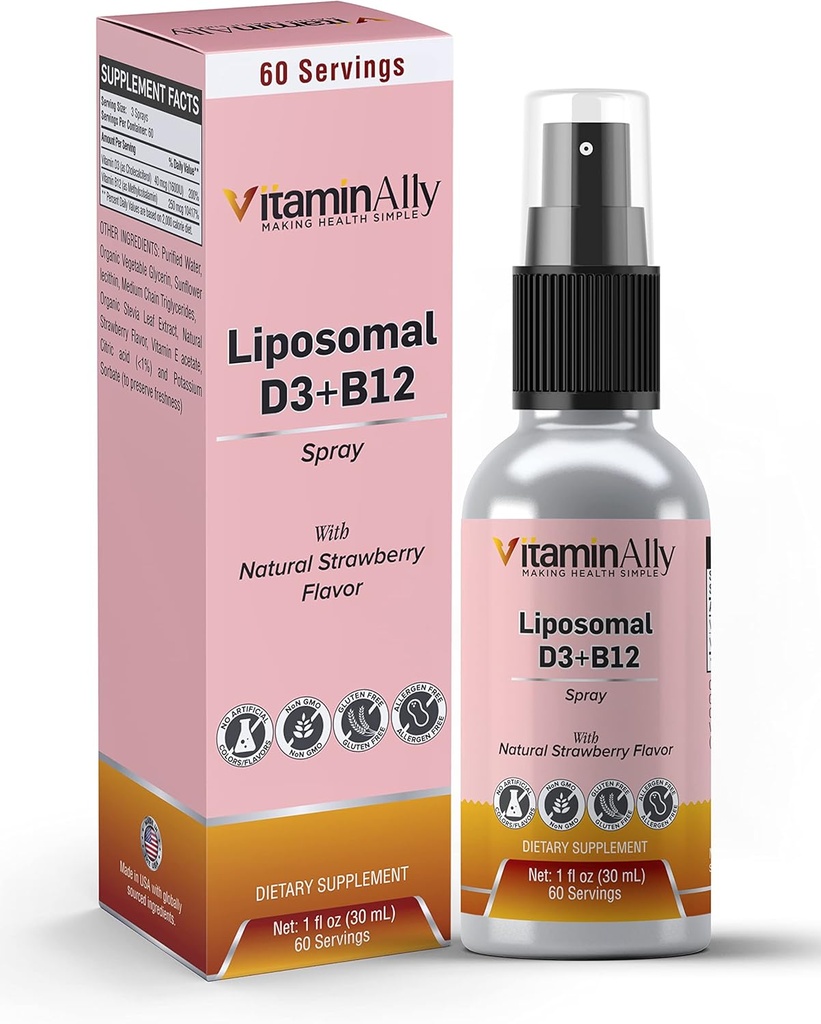 Liposomal Liquid Vitamin D3 + Vitamin B12 Spray | 2 Månad Supply | 1 fl oz | Immune Support, Bone Health, stöder energi, hjärnfunktion