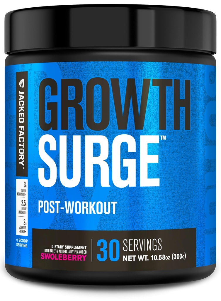 Jacked Factory Growth Surge Creatine Post Workout w/L-Carnitine - Daily Muscle Builder & Recovery Supplement med kreatinmonohydrat, Betaine, L-Carnitine L-Tartrate - 30 portioner, Swoleberry