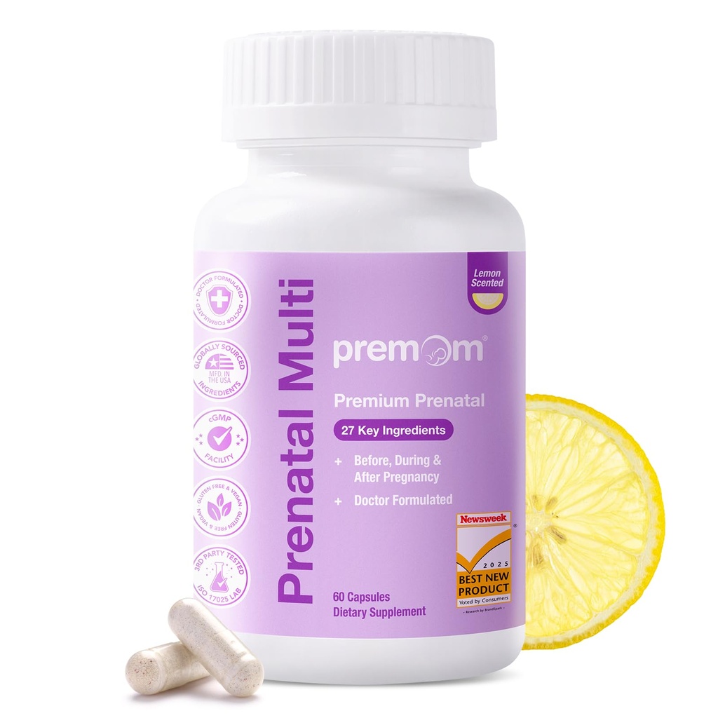 Premom Prenatal Vitamins för kvinnor - Konception för hennes multivitamin: 27 näringsämnen, Inkluderar 680mcg Methyl Folate + Choline + Järn, spårbar ingrediens, fertilitetstillskott för kvinnor -30 dagars leverans