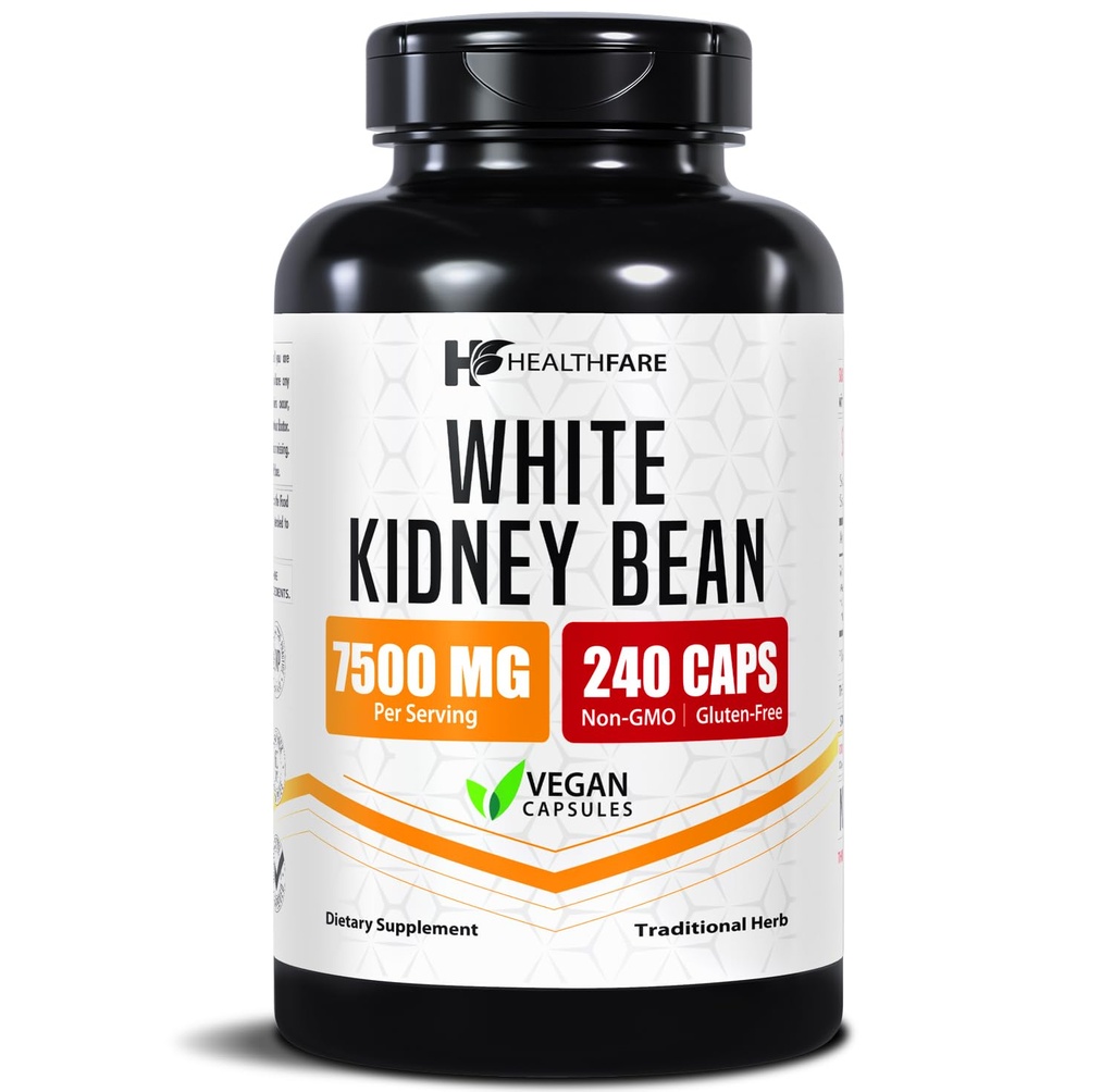 Healthfare White Kidney Bean Extract 7500mg | 240 Vegan Capsules | Extra styrka koncentrerad formel | Herbal Supplement för Carb & Digestion Support | Non-GMO, Gluten-Free | Made in USA