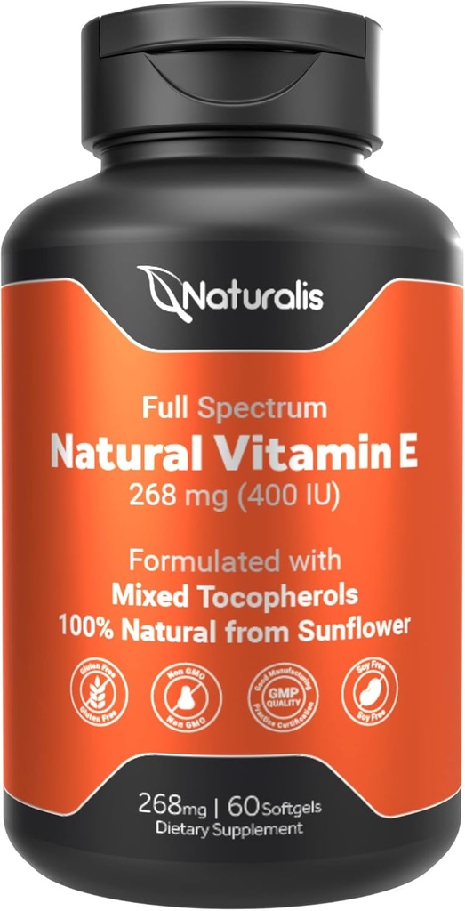 Naturalis Sunflower Vitamin E 268mg (400 IE) med blandade tokoferoler | Essential Skin Vitamin & Immune Support | Non-GMO, Soy & Gluten Free | 60 Softgels
