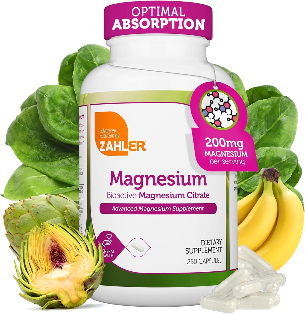 Zahler - Magnesium Supplement Capsules 200 mg (250 Count) Certified Kosher Bioactive Magnesium Citrate for Max Absorption - Natural Magnesium Mineral for Men & Women - Best Magnesium Supplements