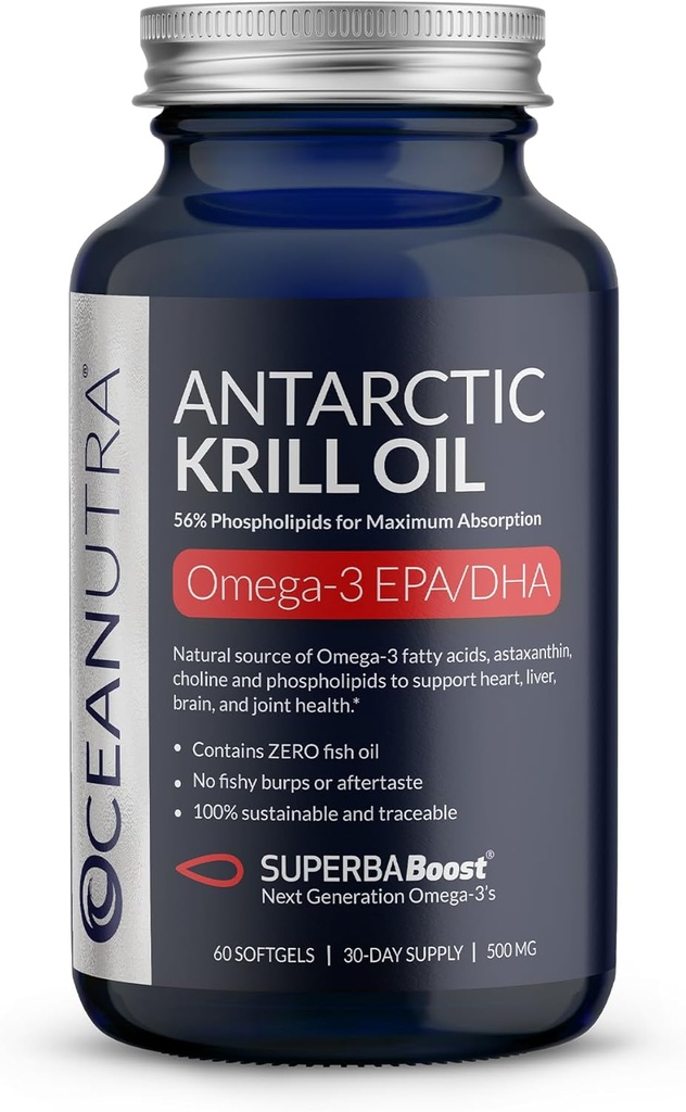 Wild Caught Antarctic Krill Oil 500MG, 60 Softgels, SuperbaBoost Omega 3 Supplement, EPA & DHA, Astaxanthin, Choline, 56% Fosfolipider, Hållbar, Spårbar, Ingen fiskolja, Vanilla Flavor