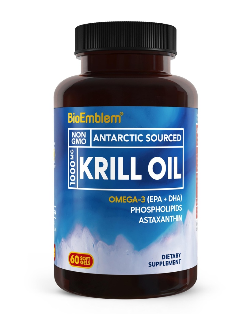 BioEmblem Antarctic Krill Oil Supplement | 1000mg | Omega-3 Olja med höga nivåer av EPA + DHA, Astaxanthin och fosfolipider | No Fishy Aftertaste | 60-räkna icke-GMO Softgels