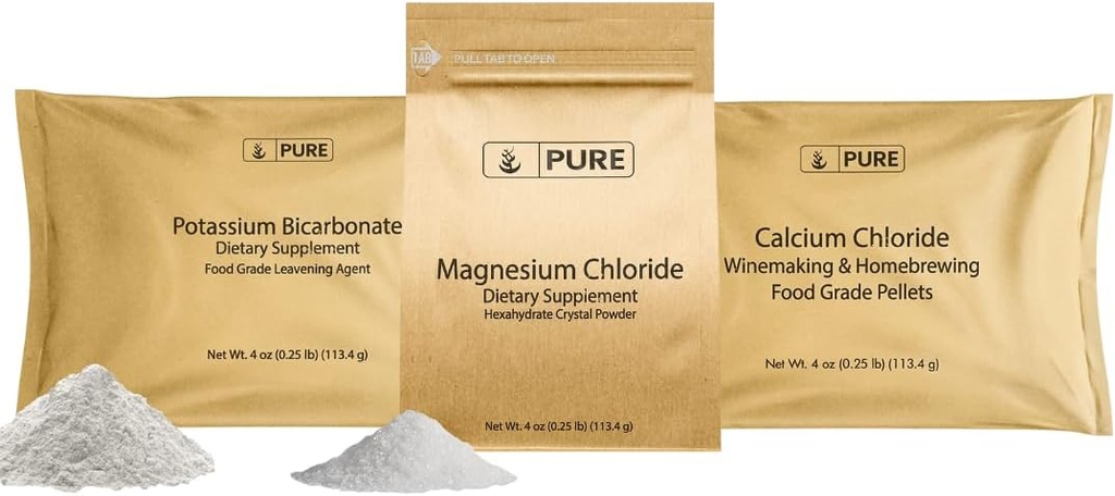 Rena ursprungliga ingredienser kaliumbikarbonat, magnesiumklorid och kalciumkloridbunkel, 4 uns varje, matsäker