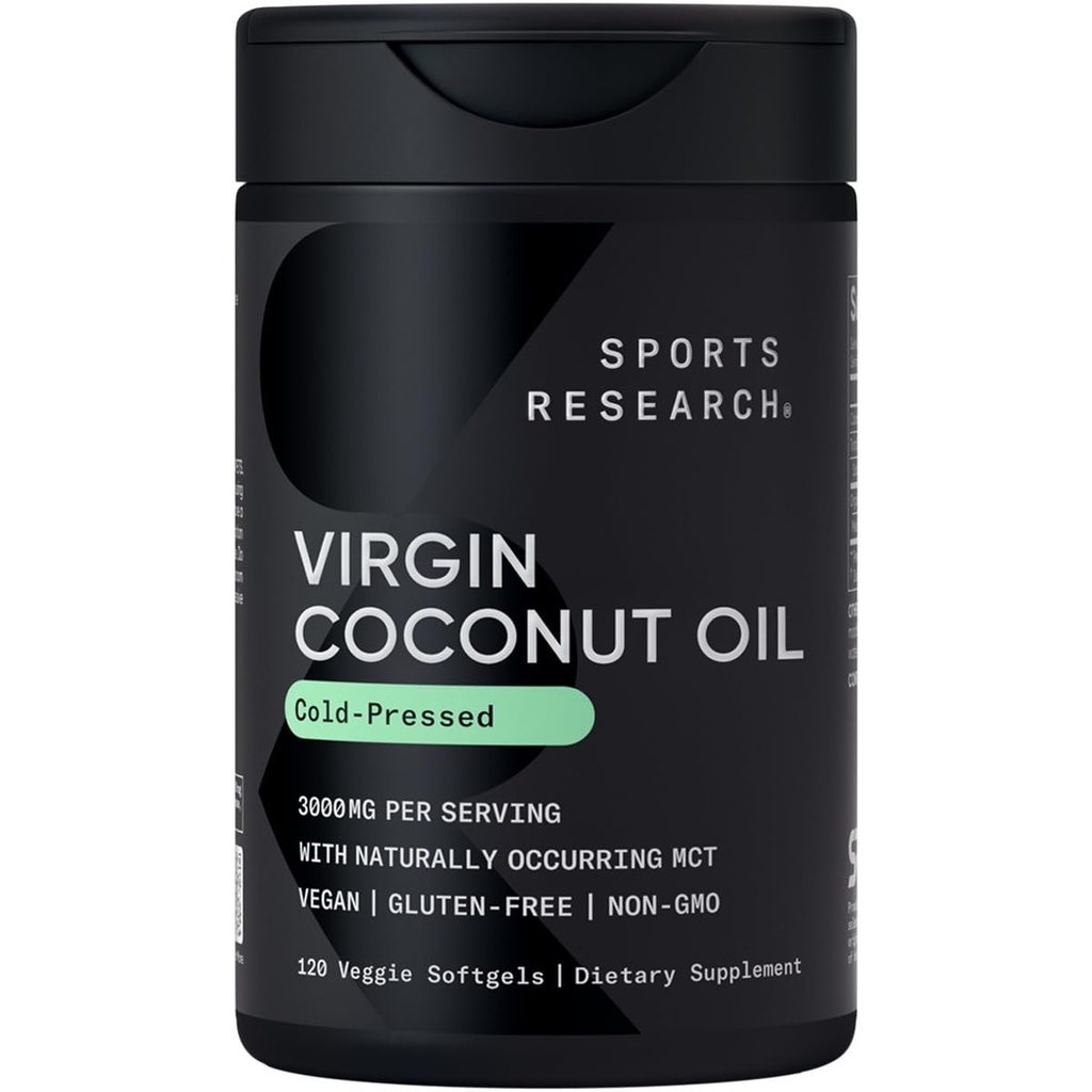Sports Research® Organic Coconut Oil Capsules 3000MG - Cold Pressed Extra Virgin Coconut Oil med Medium Chain Triglycerides (MCT) - Vegan Friendly & Non-GMO Verified - 120 Softgels