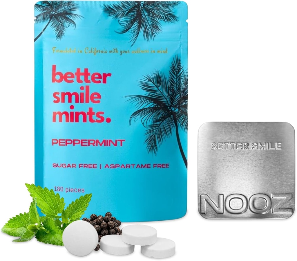 NOOZ Better Smile Mints – 180 Count | Oral Health & Fresh Breath Support | Gum & Teeth Care, pH Balance | Sugar-Free, Aspartame-Free | Peppermint Flavor | Includes Premium Refillable Tin