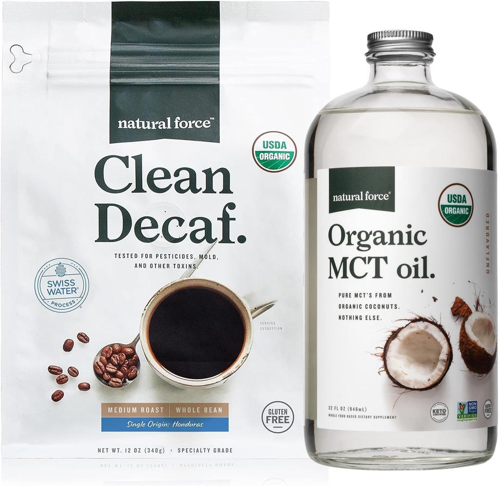 Natural Force Organic Clean Decaf Coffee + Organic MCT Oil Bundle - 100% Pure Coconut MCTs & Mold & Mycotoxin Free Coffee - Non-GMO, Keto, Paleo och Vegan - 12 Oz och 32 Oz