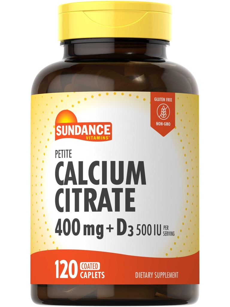 Sundance Calcium Citrate med vitamin D3 | 400 mg | 120 Caplets | Petite | Vegetarisk, icke-GMO & Gluten fri tillägg