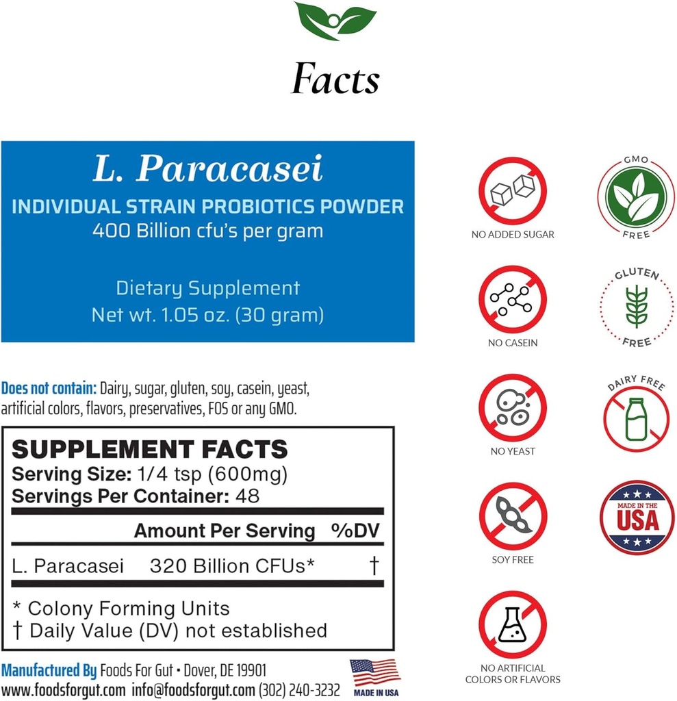 Lactobacillus Paracasei Probiotic Powder 400 miljarder cfu | Made in USA | No Additives | Direkt från tillverkare | Ingen tredjepartsförvaring | Immune Support | L. Paracasei | 30 Gram (1,05 Oz)