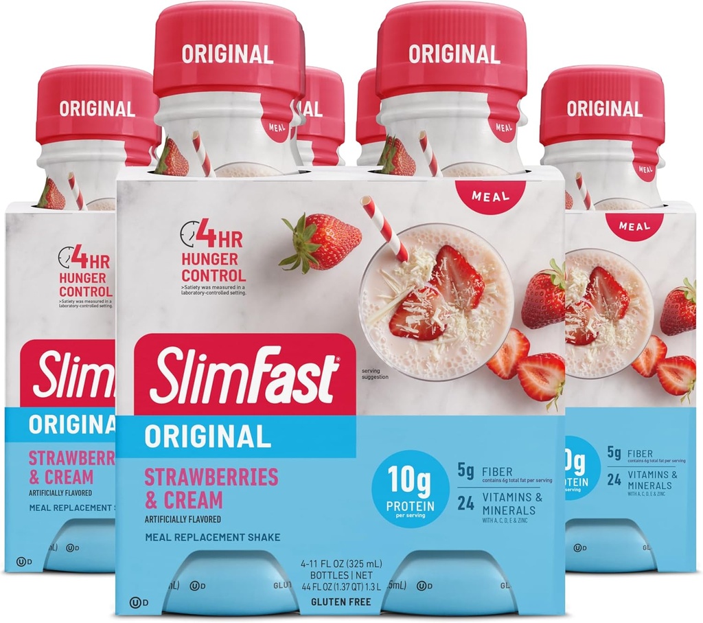 SlimFast Meal Replacement Shake, Original Strawberries & Cream, 10g Ready to Drink Protein för viktminskning, 11 Fl. Oz Bottle, 4 Count (Pack of 3) (Packaging May Vary)
