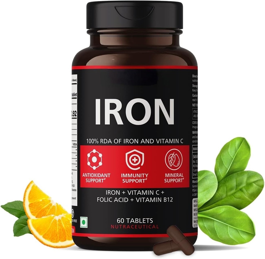 Järntillskott för kvinnor och män med vitamin C, folsyra och vitamin B12 - Järnbord hjälper till att stödja energi - 60 Veg tabletter