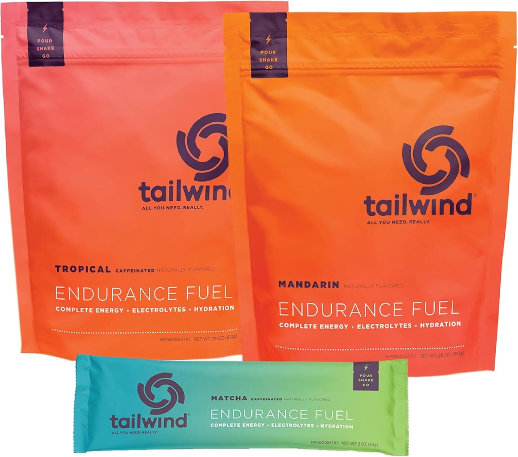 Tailwind Nutrition Grab-and-Go Endurance Fuel Hydration Packets Bundle med Endurance Fuel Powder och Caffeinated Endurance Fuel Powder