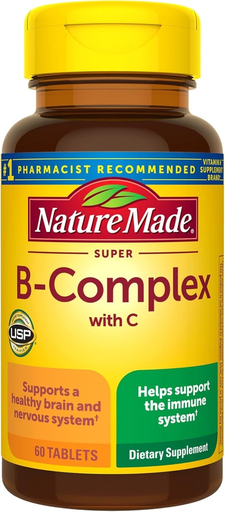 Nature Made Super B-komplex med vitamin C och folsyra, kosttillskott för cellulärt energistöd, 60 tabletter, 60 dagars leverans
