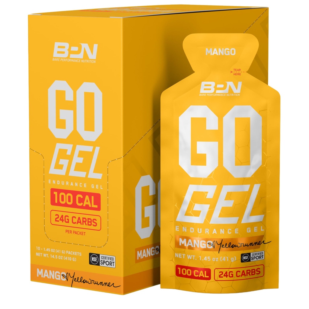 BARE PERFORMANCE NUTRITION, BPN Go Gel Endurance, 24g kolhydrater och 100 kalorier per Pack, Vegan + Gluten Free Running Gel, 10 Single-Serving Packs, Mango