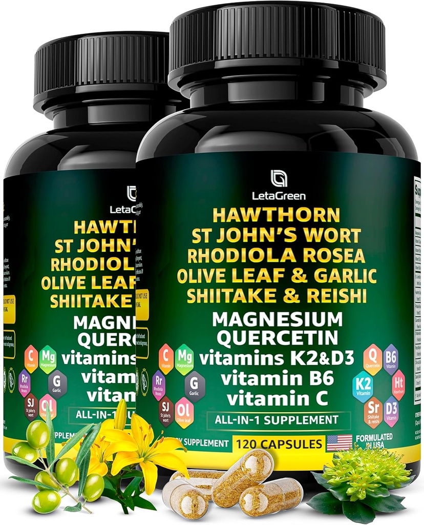Organiska Hawthorn Berry Capsules - Hawthorn Berry med St Johns Wort Rhodiola Rosea Olive Leaf Shiitake Reishi Mushroom Quercetin & Vitamin C, D3, K2, B6 & Magnesium (240 greve)
