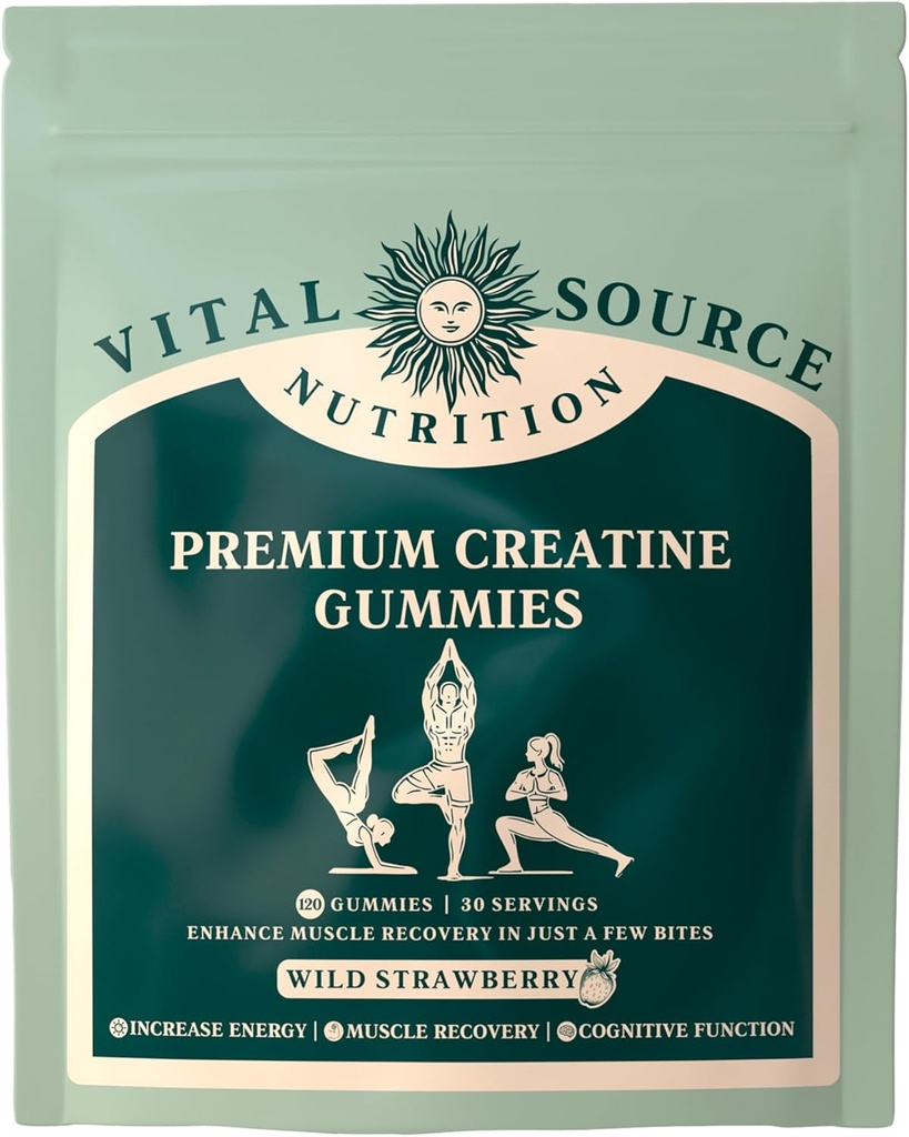 Vital Source Nutrition - Premium Creatine Gummies - Muscle Growth, Recovery & Energy Support - 5g Kreatinmonohydrat - Vegan, Gluten-Free & Halal - Wild Strawberry - 120 Gummies - 30 portioner