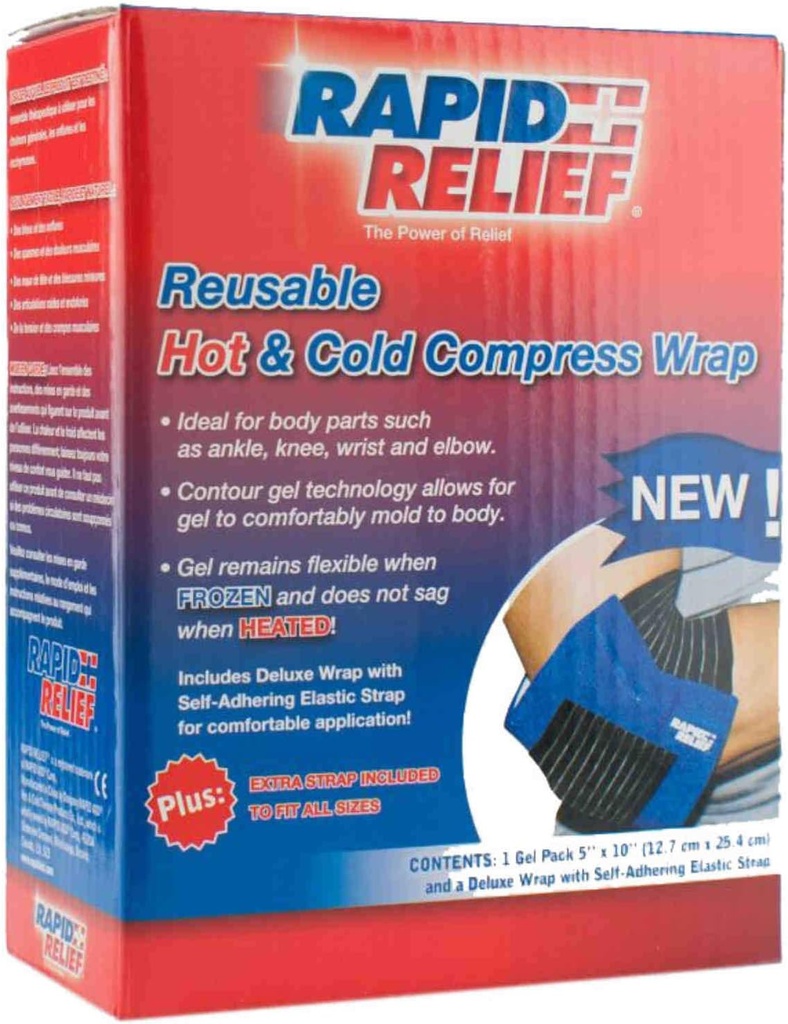 Rapid Relief Deluxe Reusable Hot och Cold Compress - Small Flexible Ice Pack Hot Cold Therapy Pack för Elbow, Knee & Joint Pain med justerbar rem, frys eller mikrovågsugn