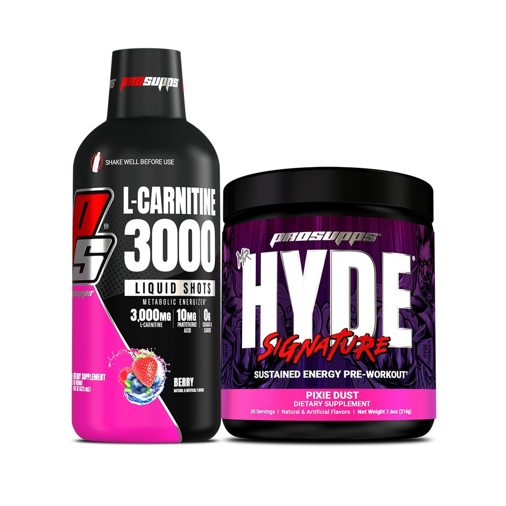 PROSUPPS L-Carnitine 3000 Stimulant Free Liquid Shots (31 portioner, Berry) och Mr Hyde Signature Series Pre-Workout Energy Powdered Drink (30 portioner, Pixie Dust) Bundle