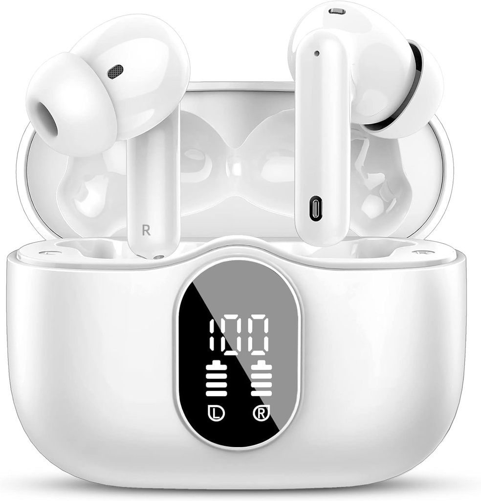 Btootos Wireless Earbuds Bluetooth 5.4 Headphones Bass Stereo Ear Buds med buller Avbryt Mic LED Display i hörlurar IP7 Vattentät 36H Playtime för Laptop Pad Phones Sports Workout White
