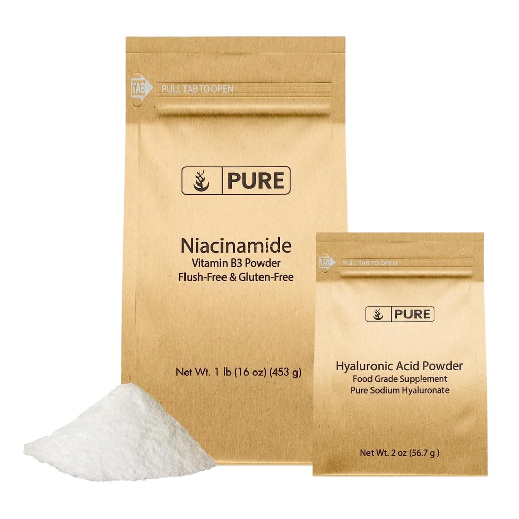 PURE ORIGINAL INGREDIENTS Hyaluronic Acid (2 oz) och Niacinamide (1 lb) Bundle, Flush-Free, Fine Powder