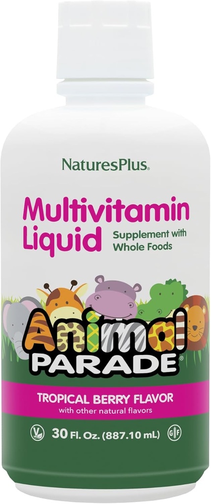NaturesPlus Animal Parade Source of Life Children's Liquid Multivitamin - Tropical Berry Flavor - 30 fl oz - Hel matförsörjning - Vegetarisk, glutenfri - 60 portioner