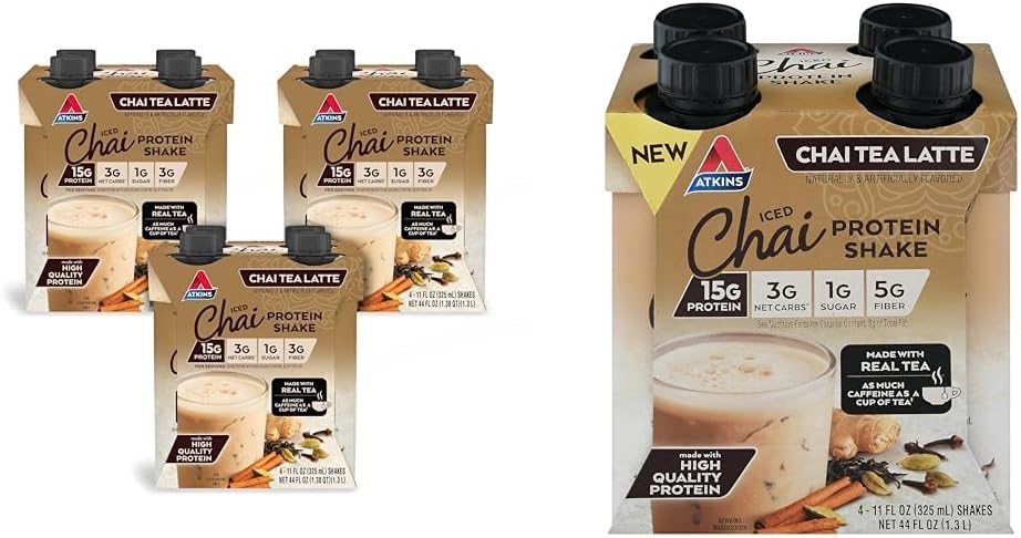 Atkins Chai Tea Latte Protein Shake Bundle med 15g Protein, 3g Net Carb, 1g Sugar (4 Pack) Iced Chai Tea Latte Protein Shake