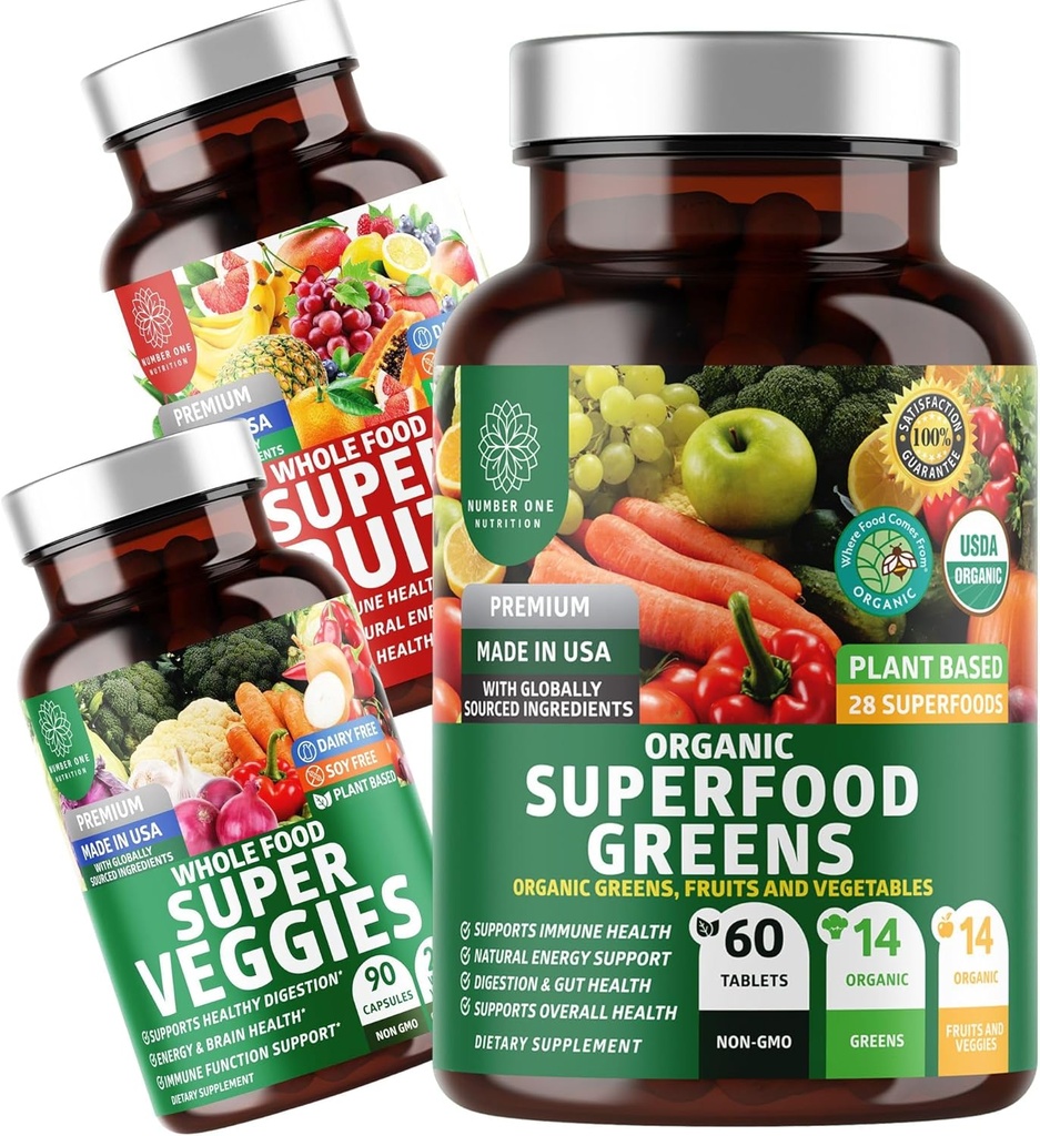 Number One Nutrition N1N Premium Superfood Greens [28 Kraftfulla ingredienser] och Super Fruits & Veggies Supplement [40 Whole Foods] - Fullständig Superfood Bundle, 2 Pack