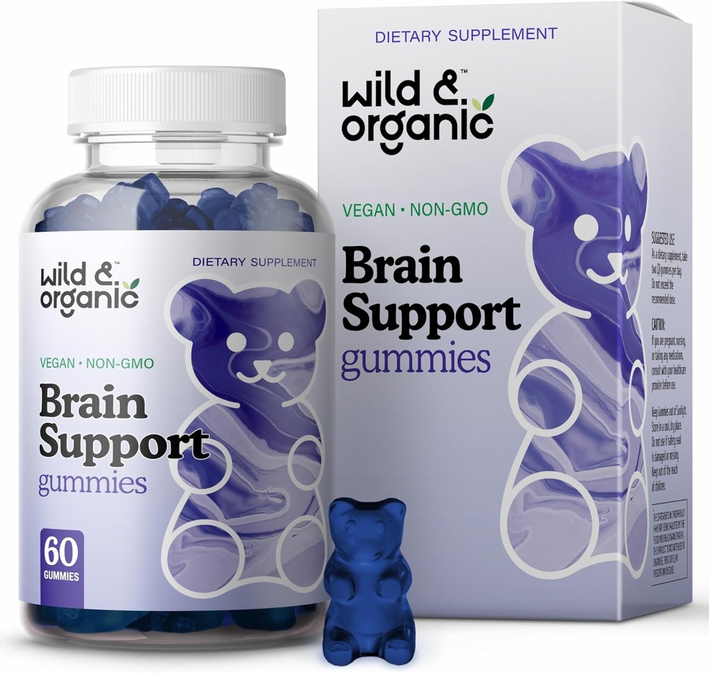 Wild & Organic Brain Support Gummies - Focus Supplement w / Ashwagandha Root, Vitamin B12, Ginkgo Biloba, Bacopa - Vegan Chews för Clarity & Productivity - 60 Brain Gummies