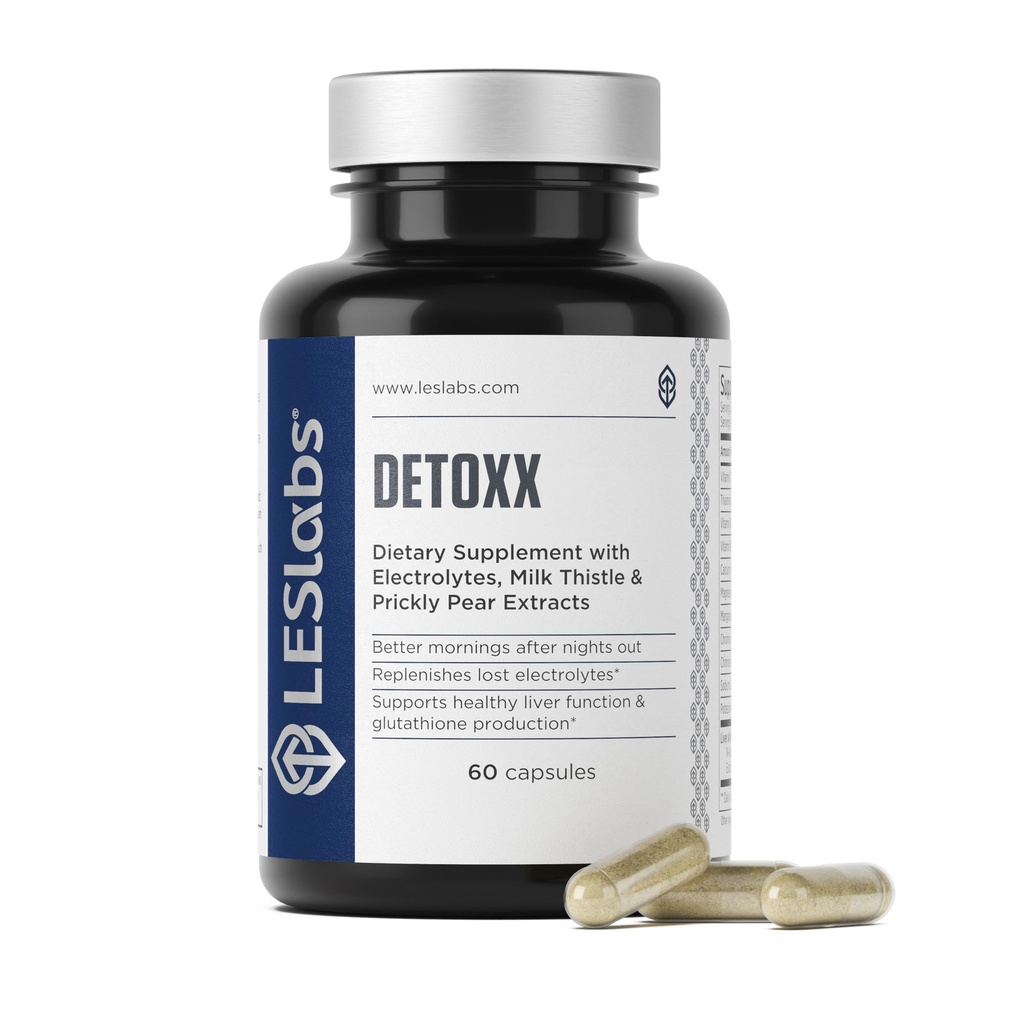 LES Labs DeToxx - Bättre Mornings & Recovery, Liver Support, Electrolyte Replenishment & Glutathione Support - Prickly Pear, Milk Thistle & NAC - Non-GMO Supplement - 60 kapslar