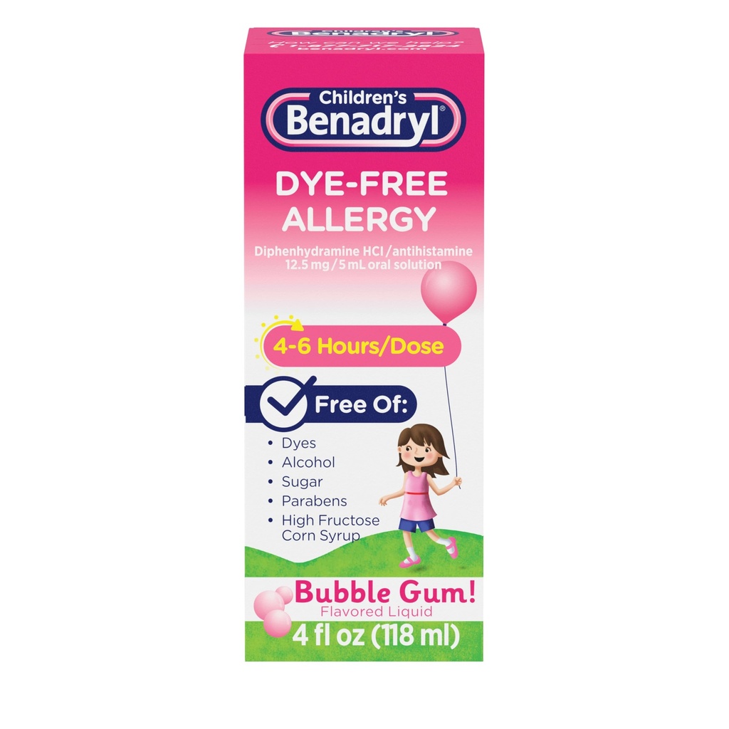 Barns Benadryl Dye-Free Allergy Relief Liquid + 12,5 mg Diphenhydramine HCl, Antihistamin Allergy Medicine för barn hjälper till att lindra Runny Nose & Sneezing, Bubble Gum Flavor, 4 fl. oz