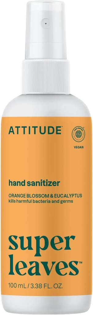 ATTITUDE Hand Sanitizer Spray för vuxna och barn, EWG Verified, Kills Bacteria och Germs, Vegan, Orange Blossom & Eucalyptus, 3.38 Fl Oz (Spray Bottle)
