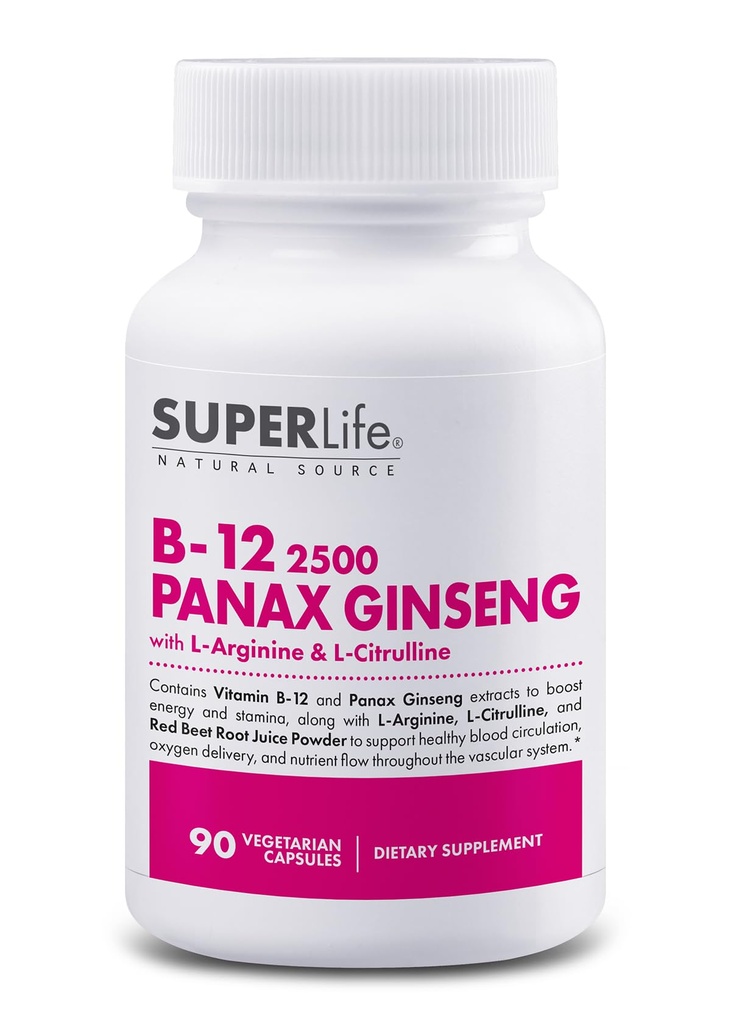 Färsk Start Vitamin B-12 2500 & Panax Ginseng med L-Arginine & L-Citrulline - Kraftfull energi Booster | Stöder Normal Blodflöde & Energi Metabolism | Tillägg - 90 kapslar