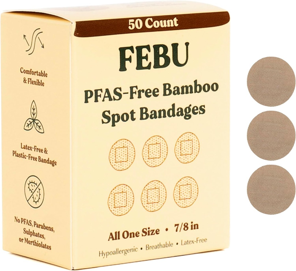 FEBU Eco-Friendly Bamboo Fabric Bandages | PFAS Free Bandages for Scrapes & Cuts | Flexible Fabric Bandage | Fullt komposterbart, Latex Free Bandage | 50 greve Spot