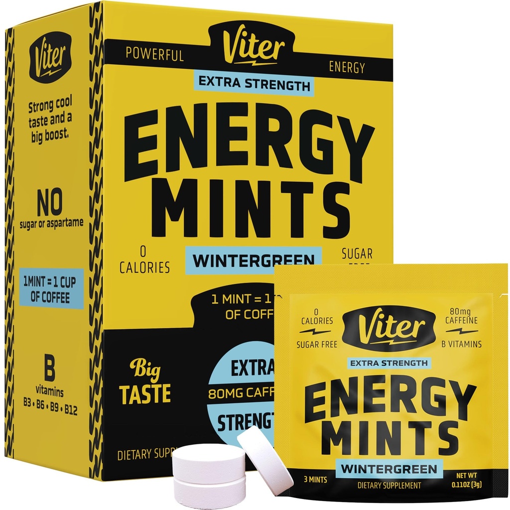 Viter Energy Caffeine Mints 80 mg extra styrka - 90 stycken koffeinerade med B-vitaminer. Sugar Free Vegan Breath Mint. Energiera Nootropic Focus Booster för snabb varning (Wintergreen smak, 30 Pack)