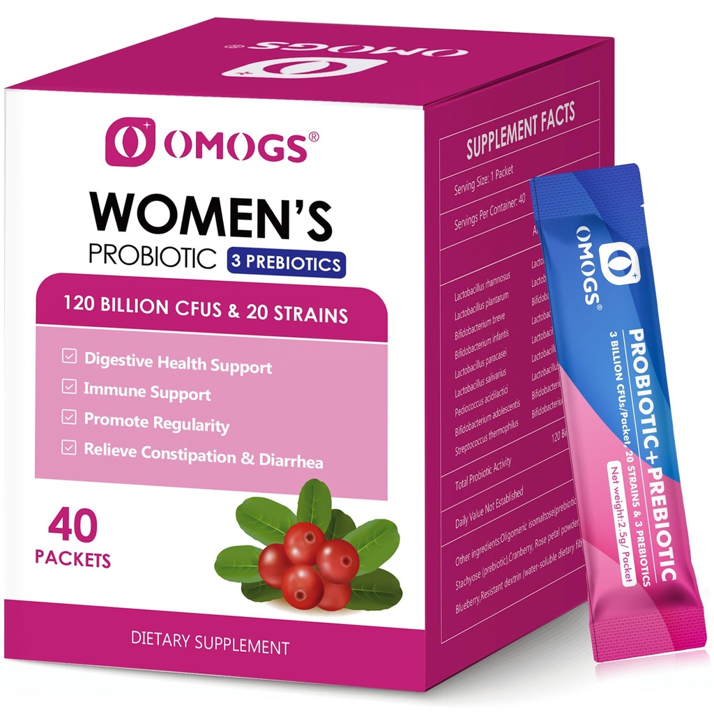 OMOGS Women's Probiotic,120-Billion-CFUs, 18 Strains, med 3 Prebiotika och Cranberry Extract, Hjälp för Immun Booster, Digestive Health, Gut Health och Vaginal Health