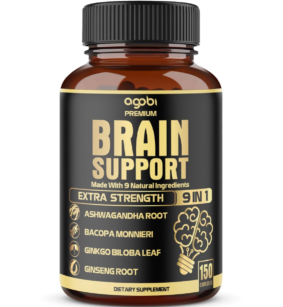 agobi 9in1 Brain Support Supplement - Blended med Ashwagandha, Panax Ginseng, Gotu Kola, Ginkgo Biloba, Black Pepper & More - Noggrannhet, Fokus, Memory & Energy Booster - 150 kapslar för 5 månader