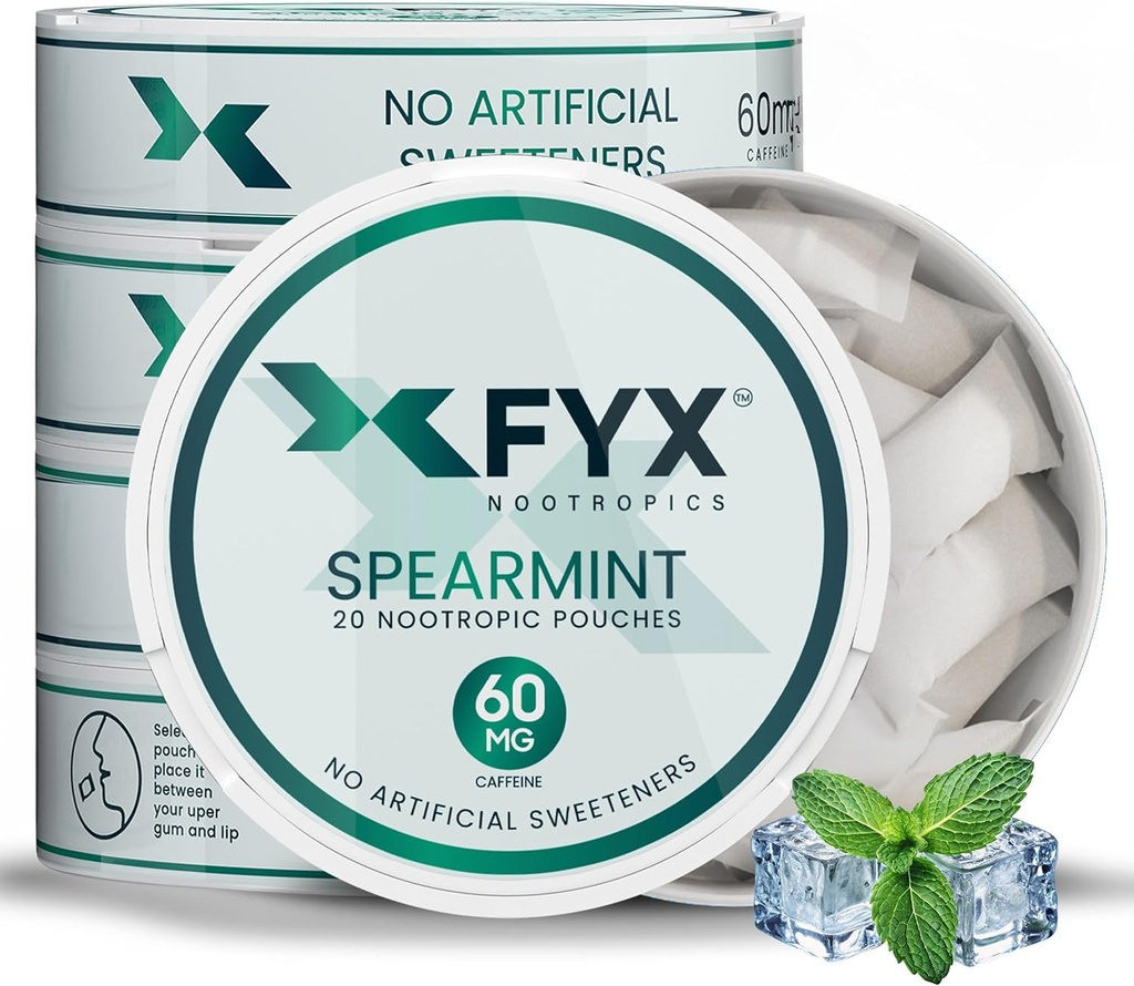FYX koffein Nootropic Pouches - Ren energi och fokus med Alpha-GPC, L-Tyrosine & L-Theanin - 60mg koffeinpåsar - Sugar-Free Alpha Nootropic Pouches - 5-Pack (5-Count, Spearmint)