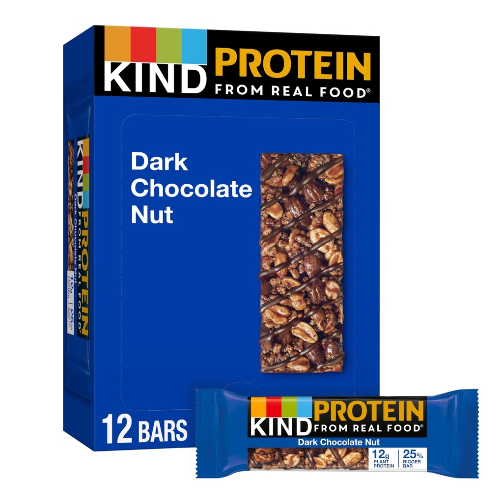 KIND Protein Snack Bar, Dark Chocolate Nut, Hälsosamma Snacks, Gluten Free, 12g Plant Protein, 12 Count