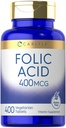 Carlyle Folic Acid 400 mcg | 400 tabletter | Vegetarisk, icke-GMO, Gluten fri tillägg
