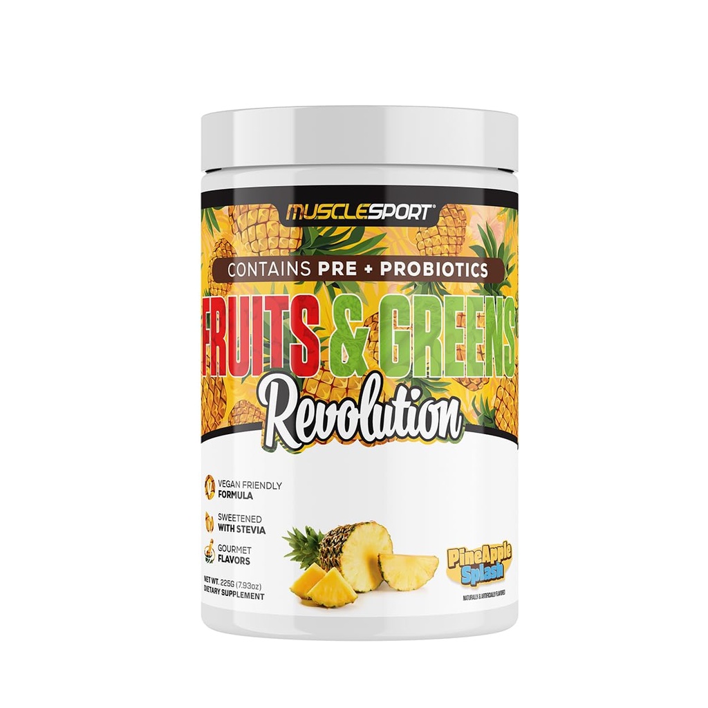 Musclesport Fruits & Greens - Frukt, grönsaks- och antioxidanttillskott, inklusive vetegräs och Spirulina, tillsatt fiber och probiotika - 30 portioner (Pineapple Splash)