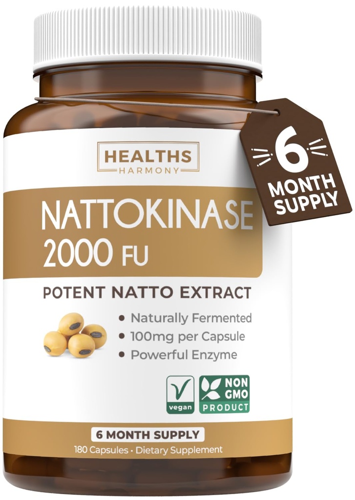 Hälsa Harmony Nattokinase 2000 FU (Non-GMO) Kraftfull Nattokinase Supplement Made from Naturally Fermented Soybeans - (6 Month Supply) 180 Vegan Natto Capsules