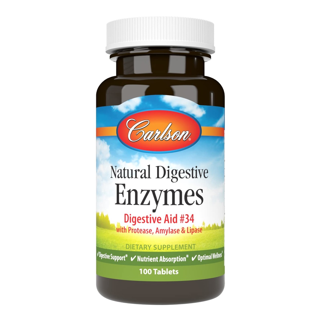 Carlson - Natural Digestive Enzymes, Digestive Aid #34 with Protease, Amylase & Lipase, Digestive Support, Nutrient Absorption & Optimal Wellness, 100 Tablets