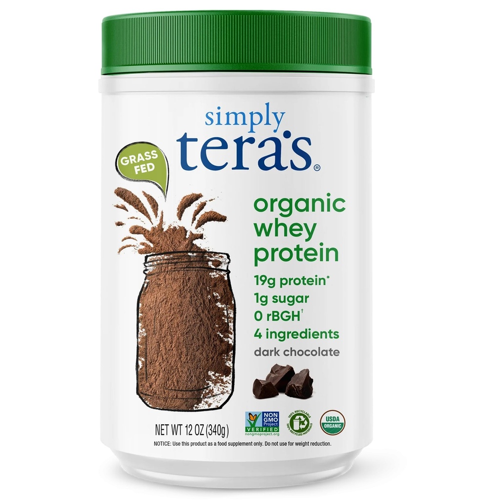 Helt enkelt tera Organic Whey Protein Powder - Grass Fed Whey Protein Powder utan konstgjorda sötningsmedel, ren, icke-GMO, Gluten-Free - Dark Chocolate, 12 Oz