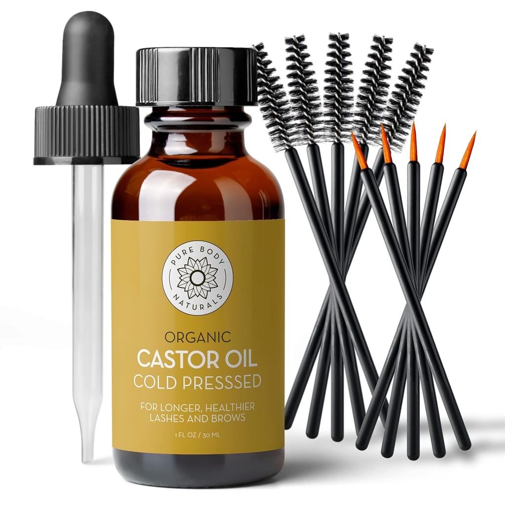 Pure Body Naturals Castor Oil för ögonfransar och ögonbryn - 1 Fl Oz Nourishing Brow & Lash Growth Serum - Organic, Hexane Free, Cold Pressed, Unrefined - Eyelash och Eyebrow Growth Serum för kvinnor