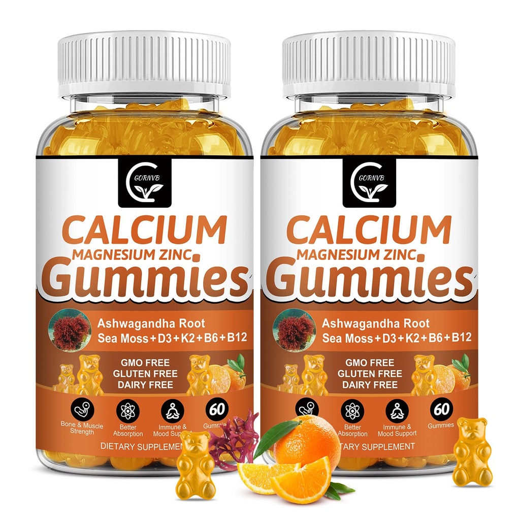 1200mg Calcium Gummies med vitamin D3,K2,B12 & B6 - Plant Complex Calcium Magnesium Supplement med Glycinate,Potassium,Sea Moss, Ashwagandha Root för Ben & Teeth Strength, Muscle & Immune-2 Pack